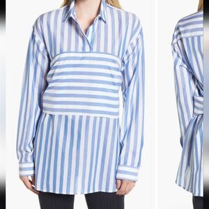 Lewit Designer Luxury Cotton Blue Striped Tie Waist Women's Blouse Medium